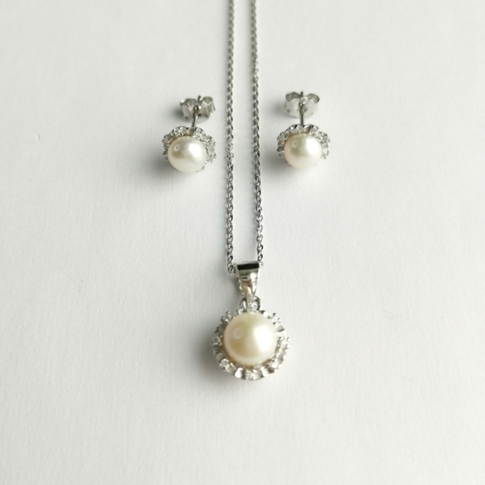 Cultured White pearls with cz sterling silver pendant necklace earrings NEW